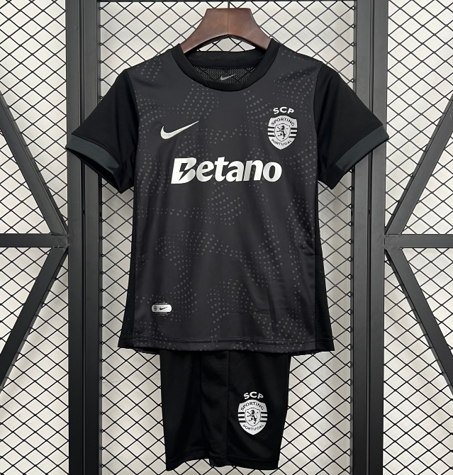 2025-26 Sporting Lisbon Kids Black Away Soccer Kits Shirt With Shorts